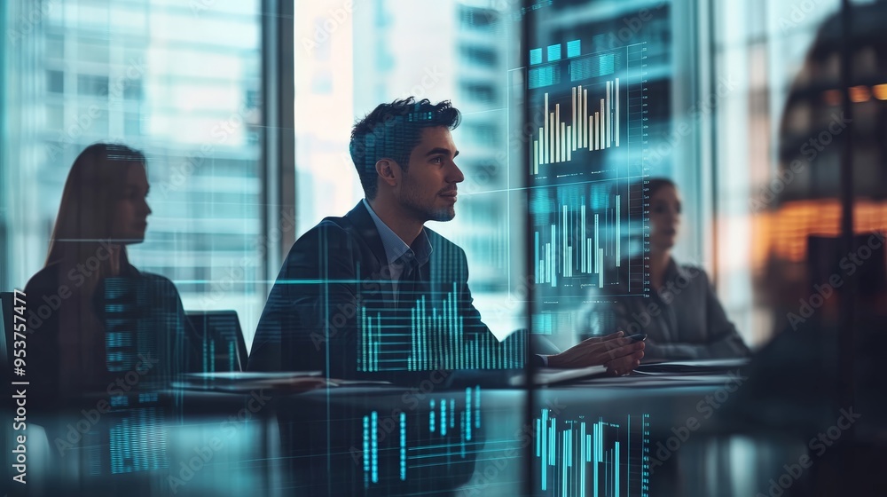 Poster businessman analyzing digital financial data in a modern office environment with holographic charts.