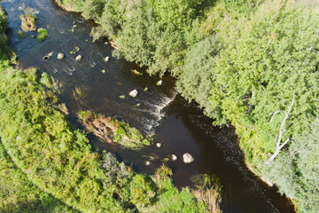 Shallow water on the Pirita River, photo from a drone on a summer day.