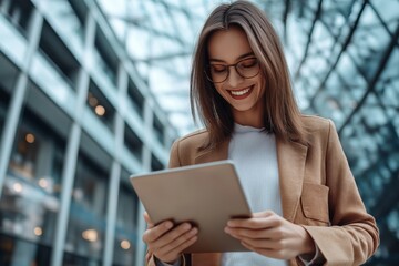 A professional woman using her tablet in a modern business setting highlights collaboration, innovation, and effective communication, which are essential for success in todays work dynamics