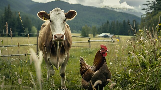 cow and chicken in the field. farm advertising concept