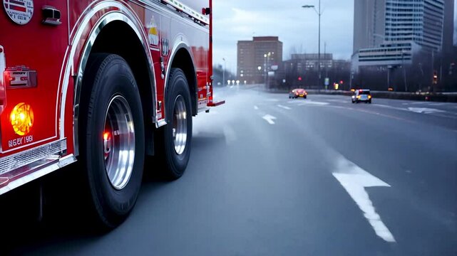 Red emergency fire truck drives down a city street for response firefighting. AI generated.