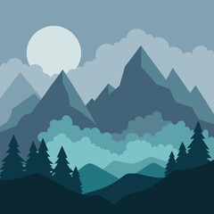  A serene and minimalist landscape featuring mountains, clouds, and a moon, perfect for adding a touch of tranquility to your designs.