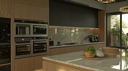 Fototapeta premium Modern Kitchen Interior with Stainless Steel Appliances and Marble Countertops