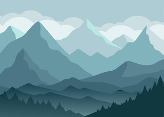  A minimalist illustration of a mountain range, with soft blue hues and a touch of fog, creating a serene and peaceful atmosphere. Perfect for adding a touch of tranquility to your designs.