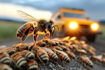 Bumblebees, at dusk, late-night workers continue their duties as the sun sets