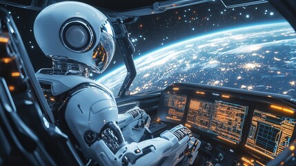 AI Android Robot Navigating a Spaceship in Deep Space