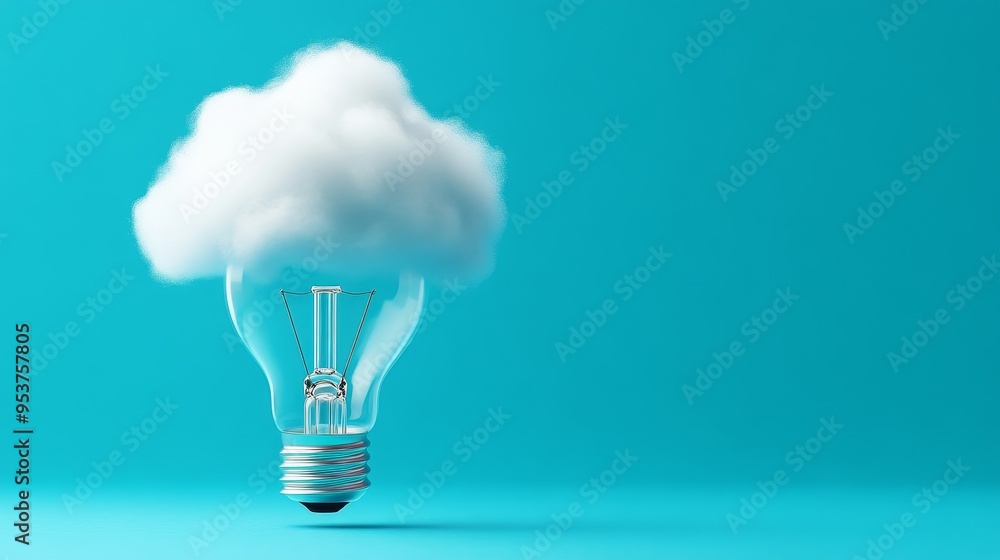 Wall mural A lightbulb with a fluffy white cloud as its bulb. This playful illustration symbolizes creativity, inspiration, thinking outside the box, and the power of ideas.