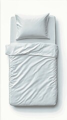 Top-down view of a single bed with white sheet bedding and pillow, clean and minimalist bedroom setup, perfect for kids' room or guest space, featuring smooth, crisp sheets.