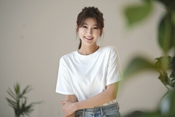 Woman smiling white shirt. Young woman smiling in a white shirt, looking confident and cheerful.