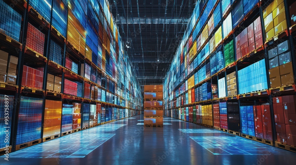Poster a warehouse with colorful boxes and a digital projection on the floor