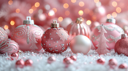 Christmas background with rose gold and white ornaments, on a soft blush pink