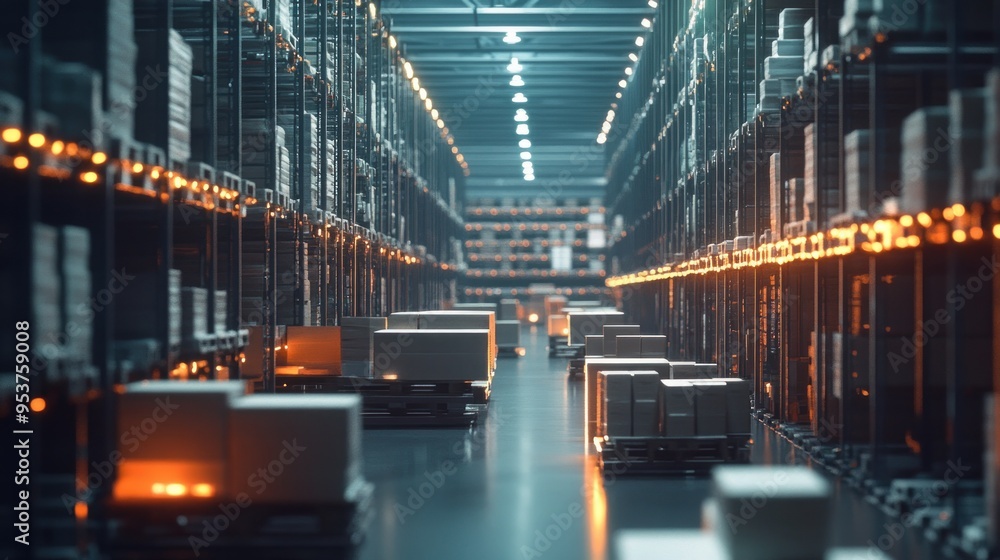 Poster an empty warehouse with rows of pallets and boxes