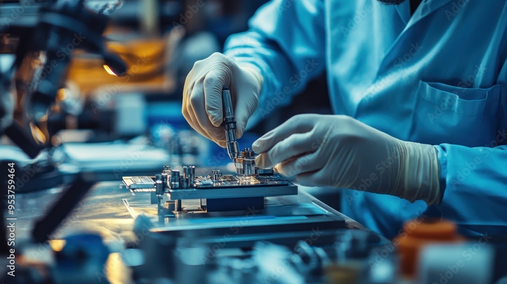 Poster Technician Assembling Electronic Component on Circuit Board