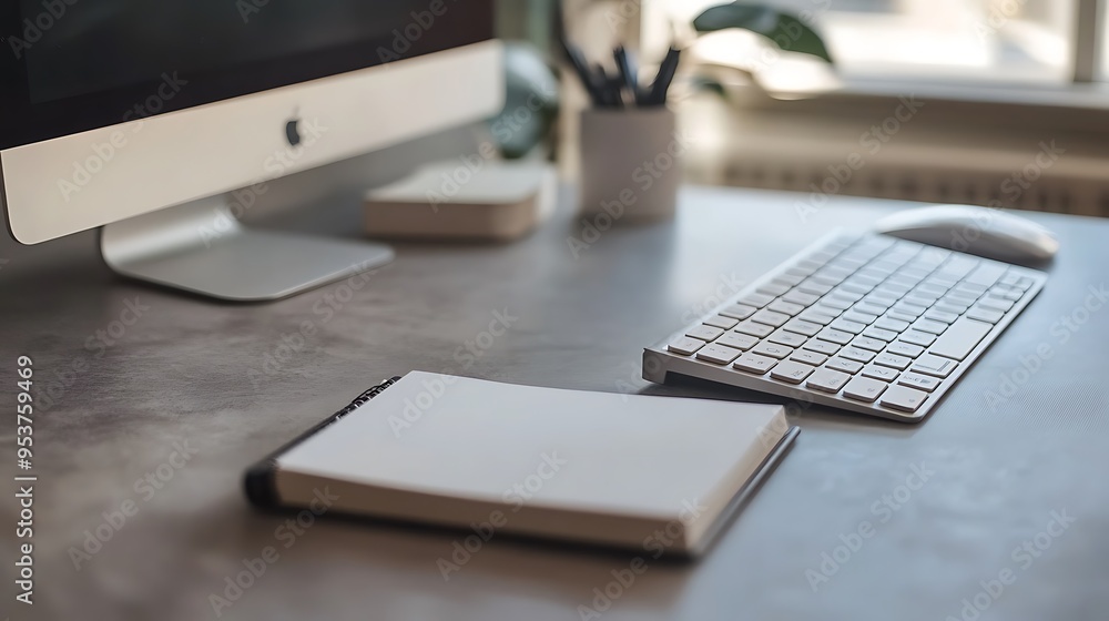 Poster white keyboard, blank notebook, and computer on desk