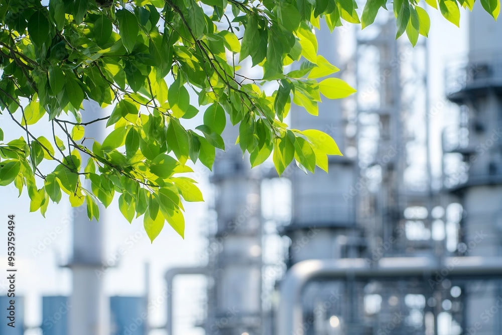 Wall mural green leaves of a tree against a background of a gas plant and industrial factory with pipes