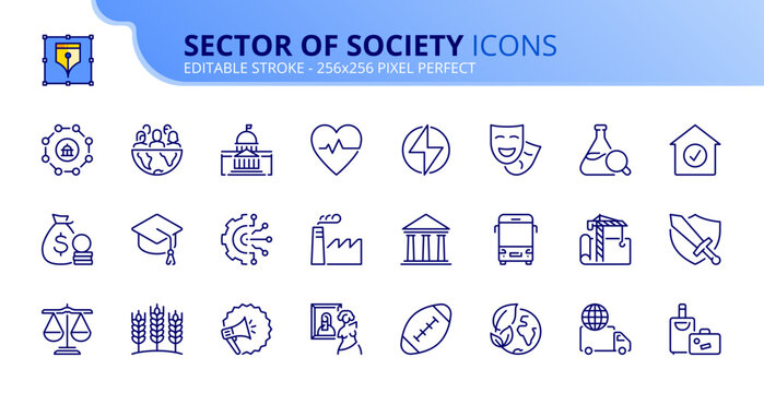 Line icons about sector of society. Pixel perfect 256x256 and editable stroke