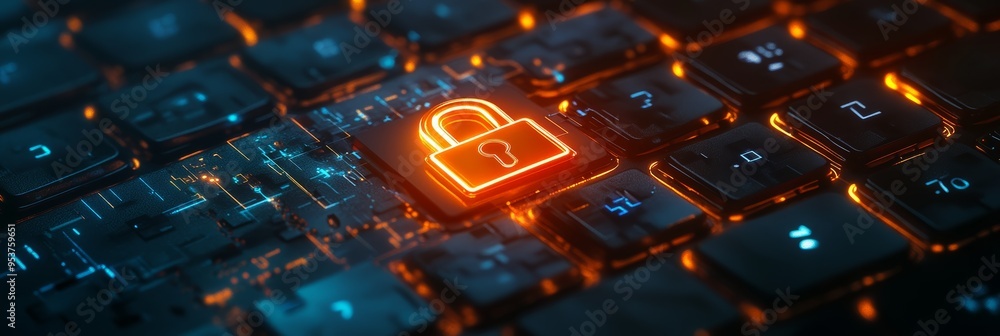 Poster Close-up of an illuminated lock icon on a keyboard with circuitry details. Representing cybersecurity and encrypted data protection.