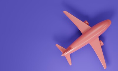 A pink airplane model viewed from above on a solid purple background. 3d rendering 