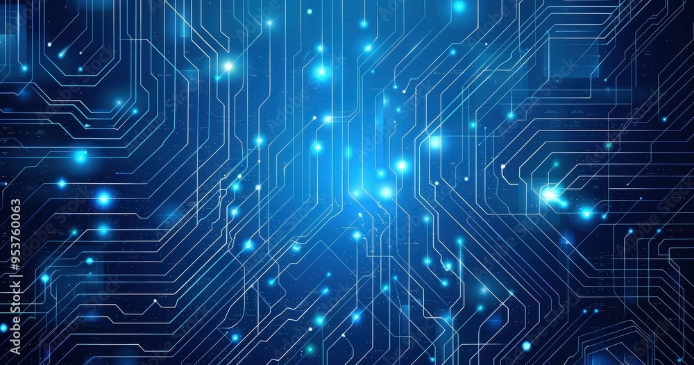 Poster A vibrant blue abstract background featuring circuit patterns and glowing elements, ideal for technology themes.