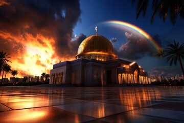 Obraz premium Covenant symbolized by a rainbow over a holy site, illustrated in a scene where a rainbow arches over a holy site, symbolizing the covenant and the divine promise it represents