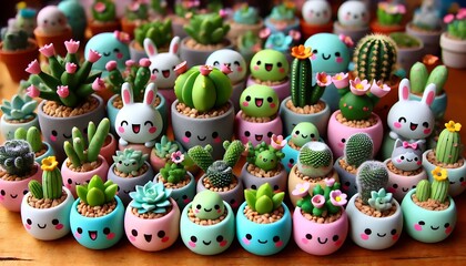 Fototapeta premium Adorable Kawaii Cactus and Succulent Pots with Cute Faces - Miniature Plant Collection 