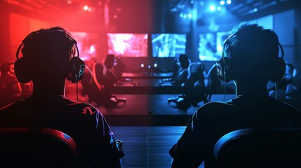 Silhouettes of gaming teams facing off in esports competition