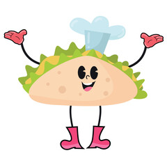 316Vector illustration of a cartoon character shaped like a piece of durian with a smiling face. a piece of durian wearing a white hat, slender arms and legs with pink gloves and pink boots.