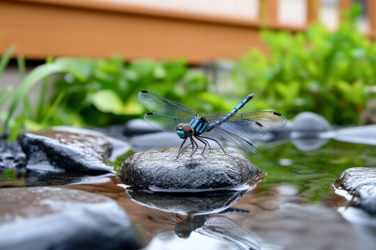 Dragonflies, in a Zen garden, peaceful and serene enhance the calming atmosphere with their presence