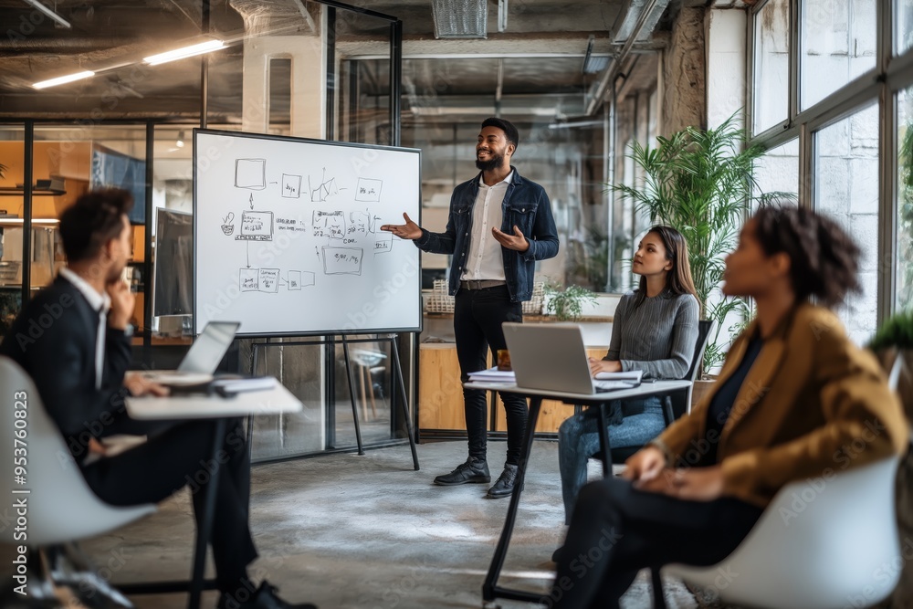 Poster A dynamic business meeting in a modern workspace setting encourages collaboration and communication among participants, fostering creativity and innovation while driving engagement and focus