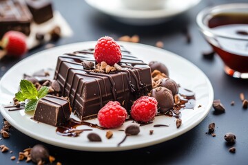 Chocolate Dessert with Raspberries and Chocolate Chips on White Plate