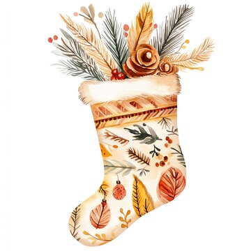 recommend clip art: 25. Boho Christmas stocking holder clipart, with decorative feathers, watercolor illustration, warm tones, isolated on white background
