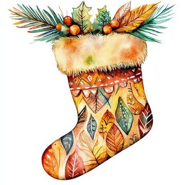 recommend clip art: 25. Boho Christmas stocking holder clipart, with decorative feathers, watercolor illustration, warm tones, isolated on white background