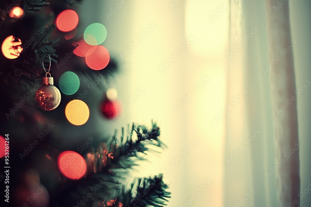 Poster a close-up of a christmas ornament on a tree with blurred lights and a window in the background