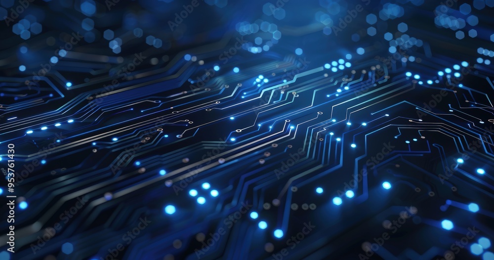 Poster a close-up view of a circuit board with glowing blue lights, emphasizing technology and connectivity