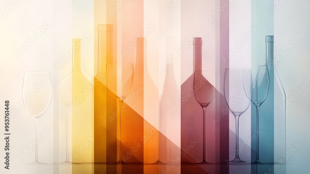 Wall mural colorful abstract composition of various wine bottles and glasses with geometric shapes and soft lig