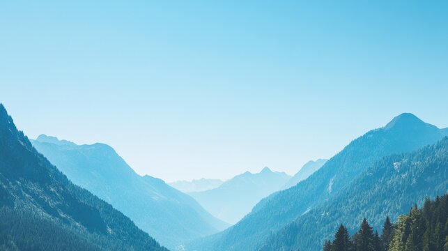 A high-quality AI-generated stock image of a serene mountain landscape with a clear blue sky on the right side, leaving ample space on the left for text. Ideal for nature, travel.