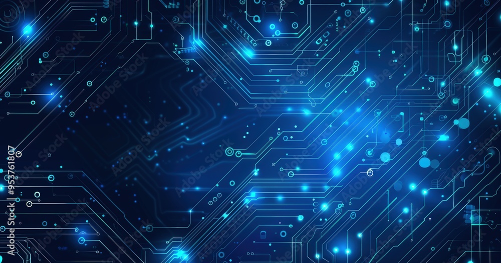 Poster a digital abstract design featuring glowing circuit patterns and blue light effects, representing te