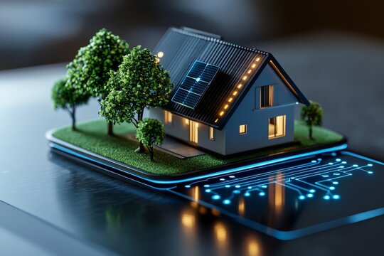 Energy efficiency innovation is depicted in a detailed illustration of a smart home equipped with advanced energy-saving technologies