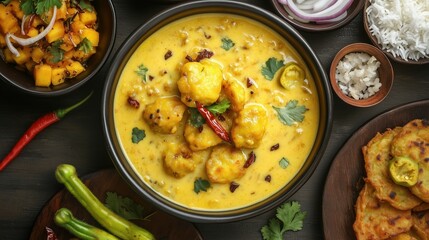 creamy kadhi pakora as the main attraction The golden yellow kadhi with soft pakoras