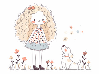 A Girl's with her best Friend: Sweet illustration of a girl sharing a tender moment with her cute dog, surrounded by blooming flowers. Warmth, love, and companionship