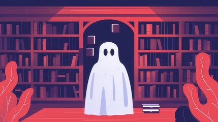 Haunted Library with Floating Books and Ghostly Apparitions, a whimsical flat design illustration capturing a mysterious atmosphere filled with enchanting specters and animated literature