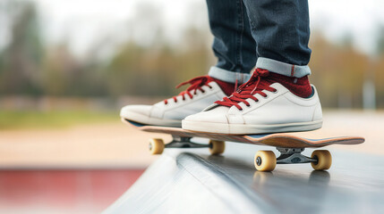 Skateboarder poised at ramp edge, vibrant shoes gripping deck, energy palpable, moment before descent, dynamic scene capturing thrill and excitement of skateboarding culture - Powered by Adobe