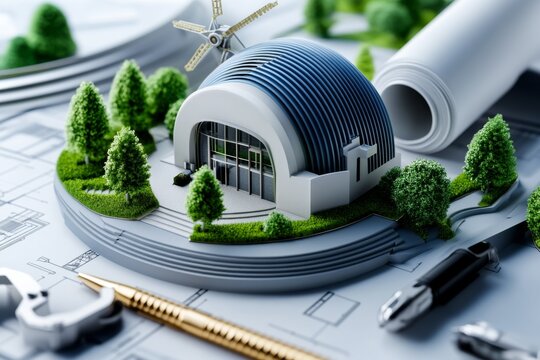 Energy efficiency structural design is highlighted in a minimalist blueprint showing the engineering layout of a green building