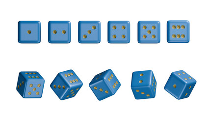 Set of casino premium blue dice with all numbers and angles, online casino gambling, Luxury dice for games, falling dices, realistic dice Royal blue theme, 3d rendered.