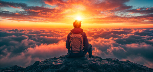 Obraz premium Homme assis sur une montagne face au soleil couchant