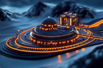 Obraz premium Geothermal energy advancements are depicted in a futuristic illustration of a high-tech geothermal power plant