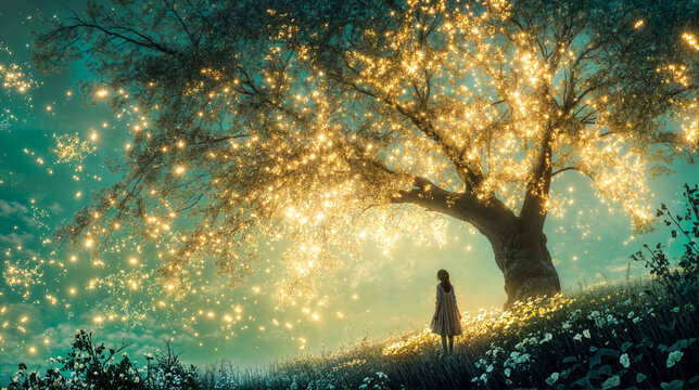Fille debout devant un arbre fantastique lumineux
