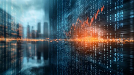 Fototapeta premium A futuristic cityscape with digital elements, showcasing data streams and a rising graph, representing technology and finance.