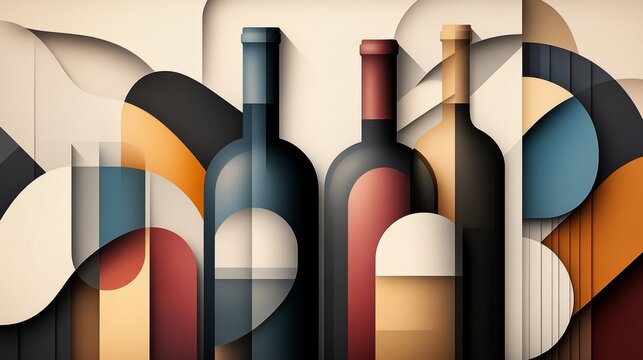 Stylized illustration of wine bottles in a modern abstract design featuring warm colors and geometric shapes.