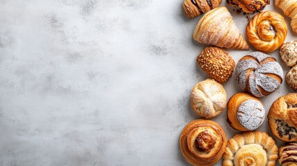 Obraz premium A high-quality AI-generated stock image of a selection of fresh bakery pastries on the right side, leaving ample space on the left for text. Perfect for bakery promotions or food-related content.